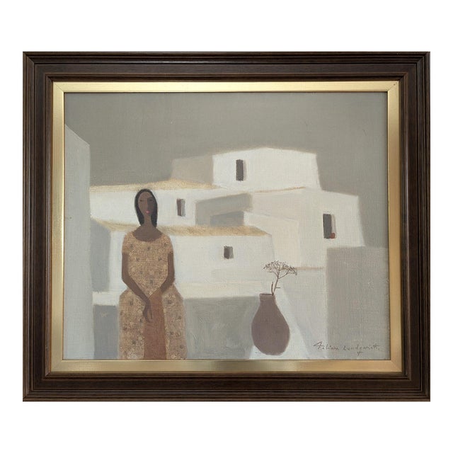 Mid-Century Modern "By the Balcony Ledge" Vintage Swedish Figurative Oil Painting by Fabian Lundqvist, Framed For Sale