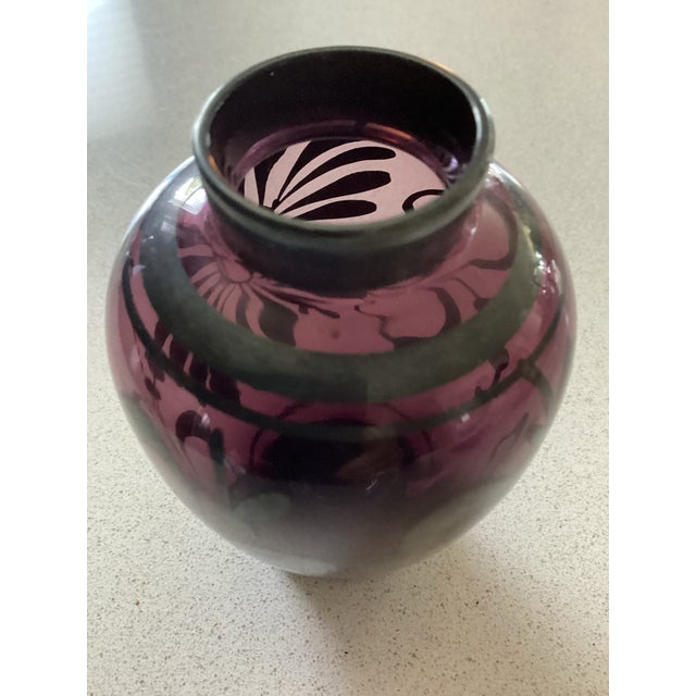 1950s Murano Glass Vintage Amethyst Purple Mini Bud Vase Silver Floral Overlay Made in Italy For Sale - Image 5 of 9