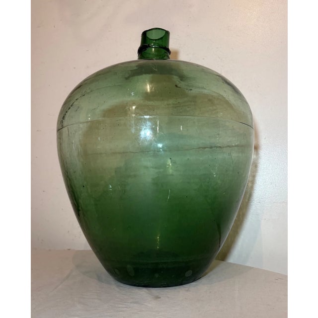 Glass 19th Century Gigantic Rare Cut Off Top Hand Blown Green Glass Demijohn Carboy Wine Bottle Jug For Sale - Image 7 of 13
