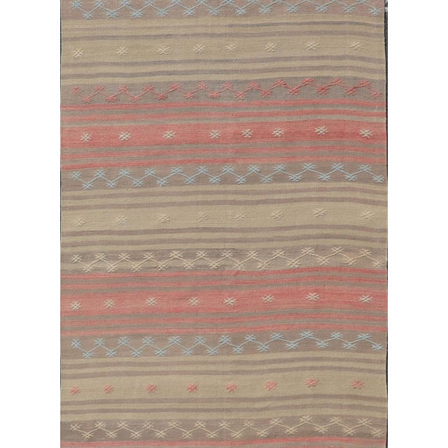 Cream Vintage Turkish Kilim With Stripes in Blue, Tan, Brown, Cream and Orange For Sale - Image 8 of 12