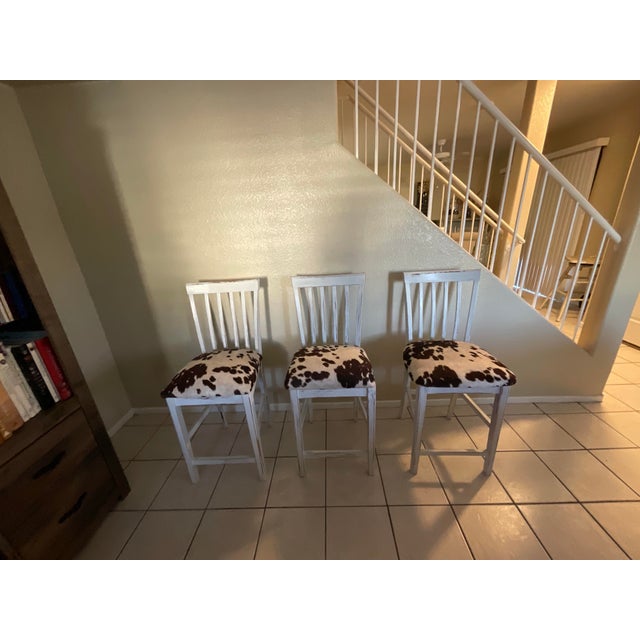 Rustic Farmhouse Whitewash Bar Stools W/ Cowhide Upholstered Seats Set of 3 For Sale - Image 11 of 12