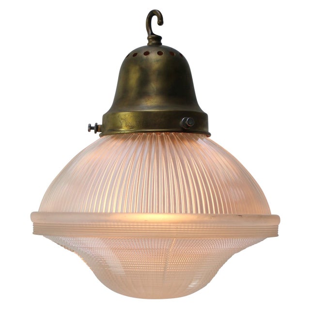 Glass pendant lamp by holophane, usa. 1950s brass top, glass holder black cotton wire. e27 / e26 this piece has an...