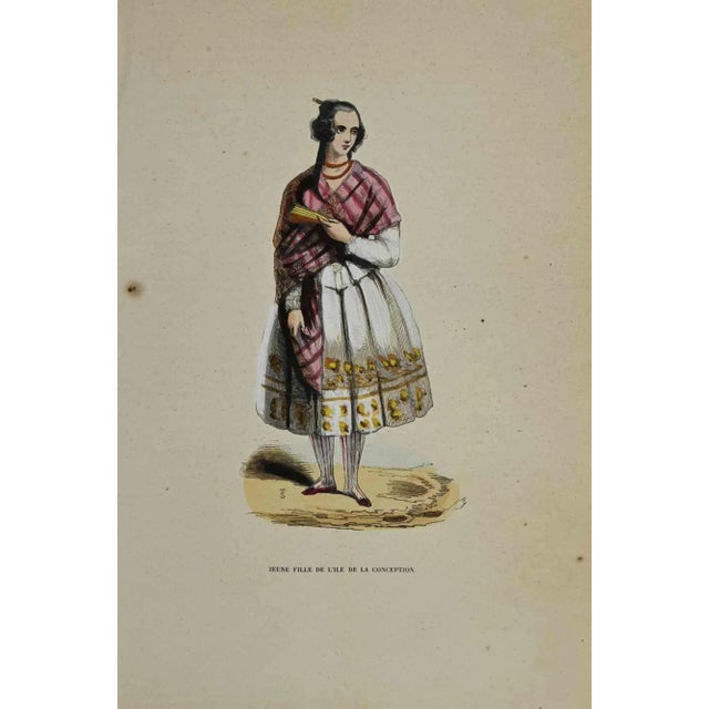 Young Girl from the Island of Conception is a hand colored lithographs made by Auguste Wahlen in 1844. Good conditions....