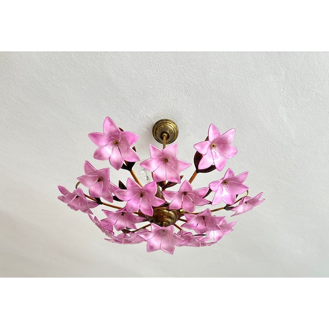 1980s Italian Style Pink Floral Crystal Flush Mount Chandelier, 3-Light For Sale - Image 6 of 17