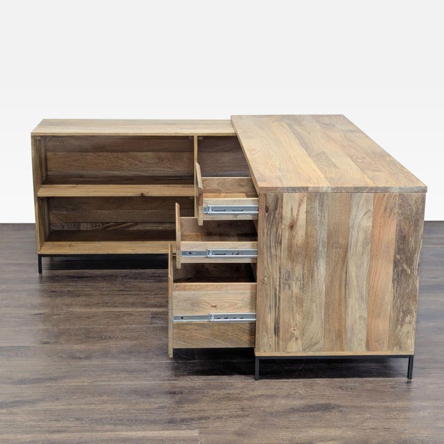 West Elm West Elm L-Shaped Desk With Drawers and Open Shelves - Natural Wood Finish For Sale - Image 4 of 7