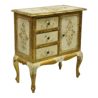Vintage Italian Florentine Cream and Gold Small Nightstand Side Table Cabinet For Sale
