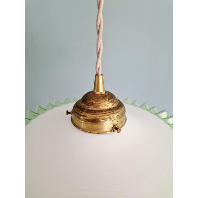 Art Deco Pendant Light in White Opaline Glass and Uranium Glass, France, 1920s For Sale - Image 6 of 12