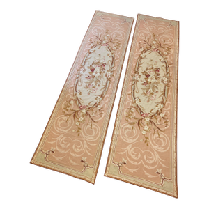 100% Wool Hand Knotted French Aubusson Pair of Runners in Muted Cream/Peach/Pink Floral Pattern