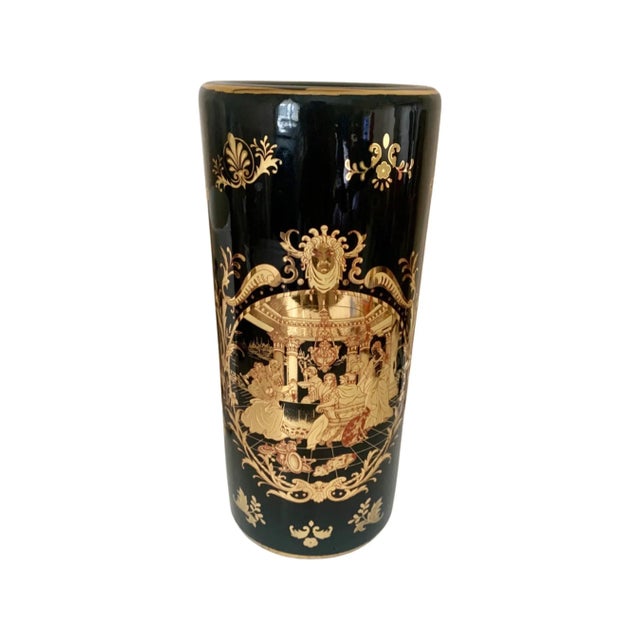 Mediterranean Gold and Black Tubular Ceramic Vase With Middle Ages Theme For Sale - Image 3 of 9