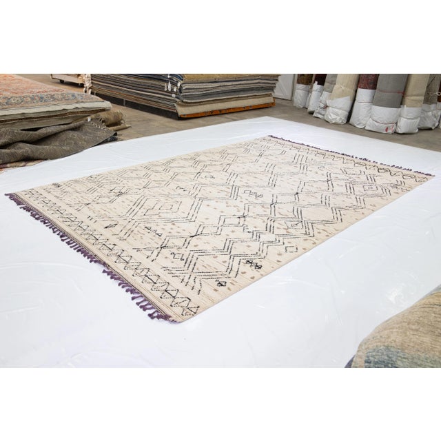Tribal Contemporary Moroccan Style Handmade Ivory Wool Rug With Tribal Design For Sale - Image 3 of 13
