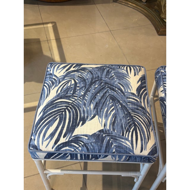Metal Vintage Pair Faux Bamboo Metal Benches Ottomans Stools Blue & White Palms For Sale - Image 7 of 12