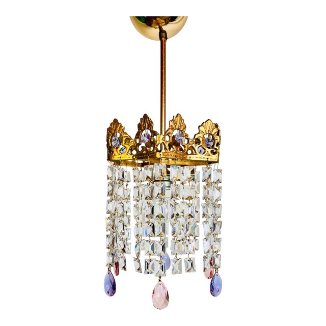 Vintage Brass Crystal Mini Chandelier With Pink Purple Prisms For Sale