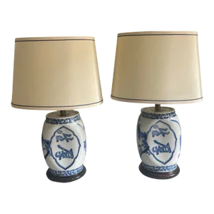 Antique Blue and White Lamp Set With Original Shades - A Pair