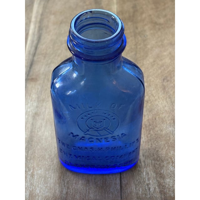 Glass Early 1900’s Blue Glass Milk of Magnesia Bottle For Sale - Image 7 of 7