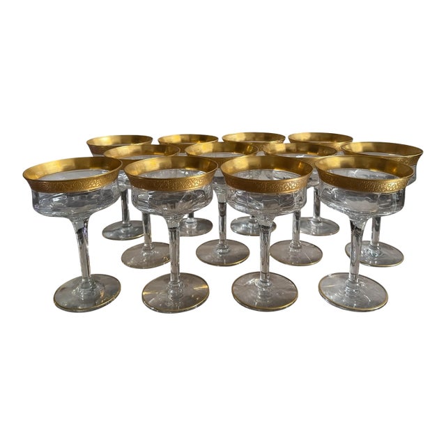 Set of 12 Art Deco Gold Encrusted Rim Crystal Wine Stem Champagne Coupes For Sale