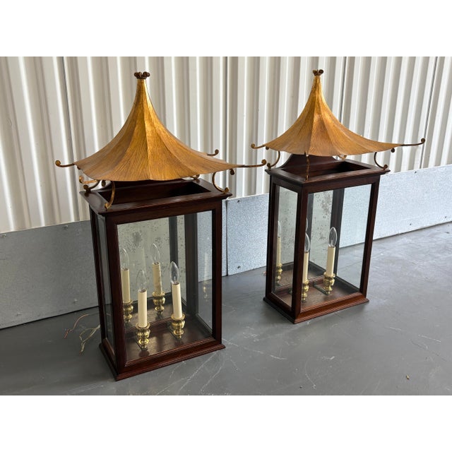 Vintage Large Gold Leaf Pagoda Lantern Wall Lights- A Pair For Sale In New York - Image 6 of 12