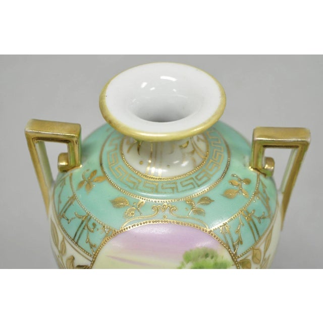Early 20th Century Antique Nippon Hand Painted Porcelain Windmill Scene Green Small Bolted Vase For Sale - Image 5 of 13