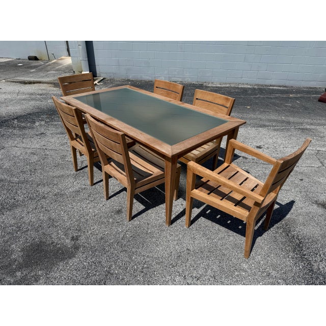 Wood 1990s Brown Jordan Mission Teak & Frosted Glass Outdoor Dining Set - 7 Pieces For Sale - Image 7 of 10