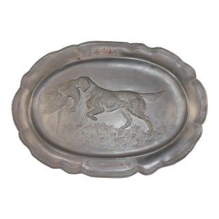 Late 19th Century Vintage Oval Pewter Setter Dog with Pheasant Platter Tray For Sale
