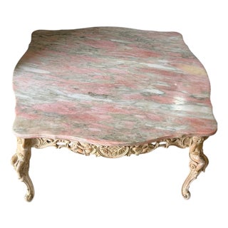 Vintage Italian Rococo Style Hand-Carved Figural Wood Coffee Table With Pink Marble Top For Sale