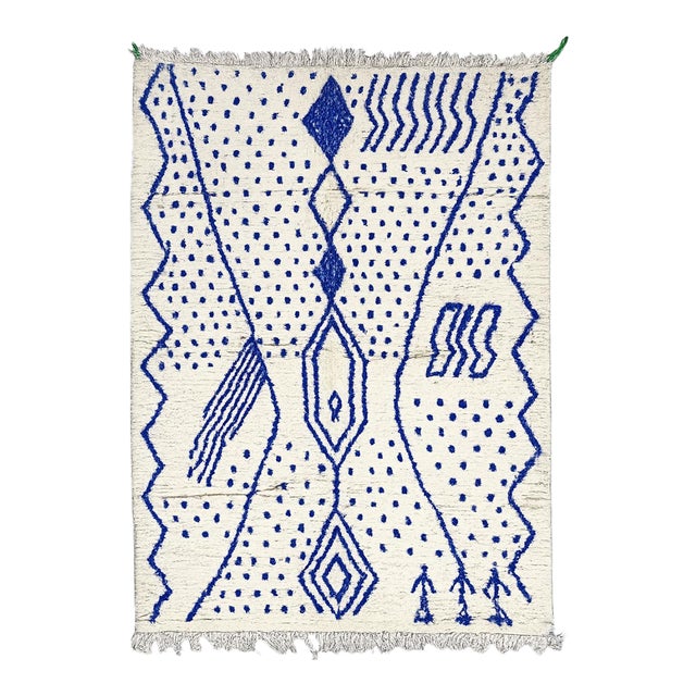 White and Blue Azilal Rug - 9.8 X 6.3 Ft For Sale