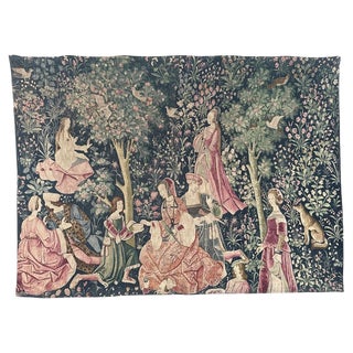 Vintage French Medieval Hand Printed Tapestry, 1960s For Sale
