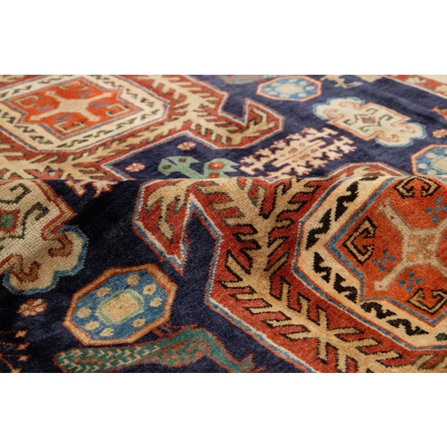 Navy Blue Wool Rug Vintage Heriz Allover Design For Sale - Image 9 of 11