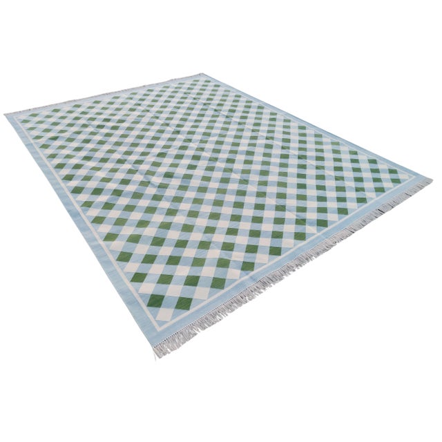 Cotton Checked Gingham Reversible Rug - 8x10. These special flat-weave dhurries are hand-woven with 15 ply 100% cotton...