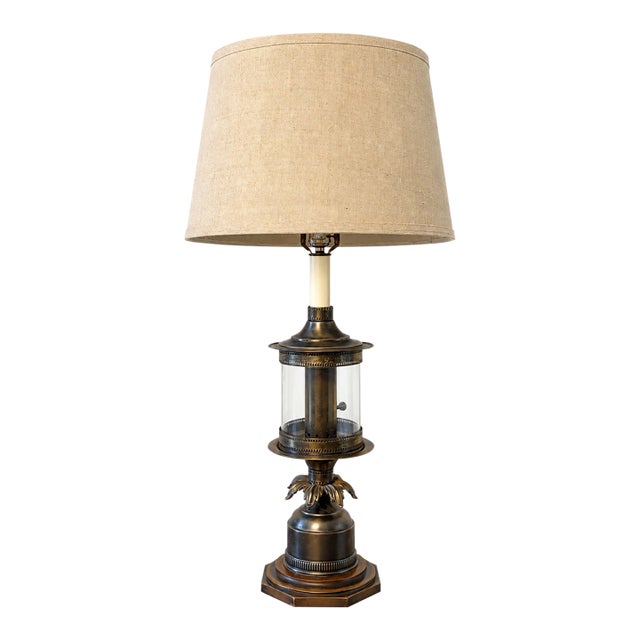 Vintage Hollywood Regency Pineapple Table Lamp With Bronze-Tone Finish and Linen Shade For Sale