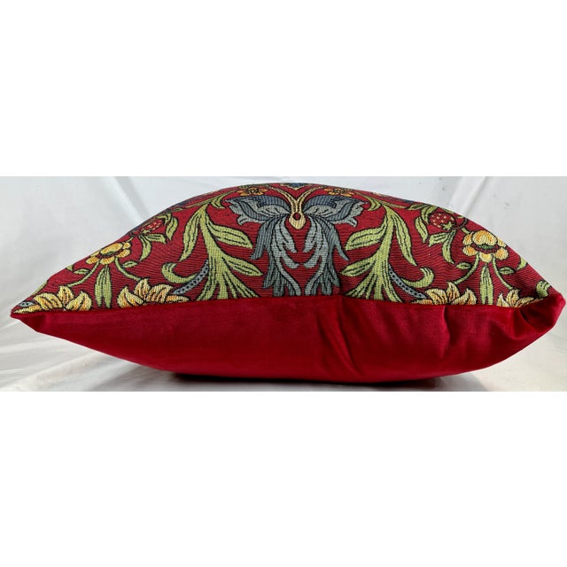 20" Square Decorative Pillow With a Renaissance Style Floral, Fruit & Bird Tapestry-Look Pattern on a Rich Red Background - Made in the U K For Sale - Image 9 of 12
