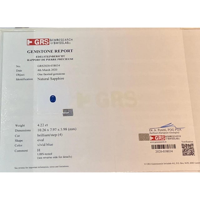 Metal 4.22 Carat Vivid Blue Oval Cut Sapphire & Diamond 3 Stone Ring Size 6 For Sale - Image 7 of 7