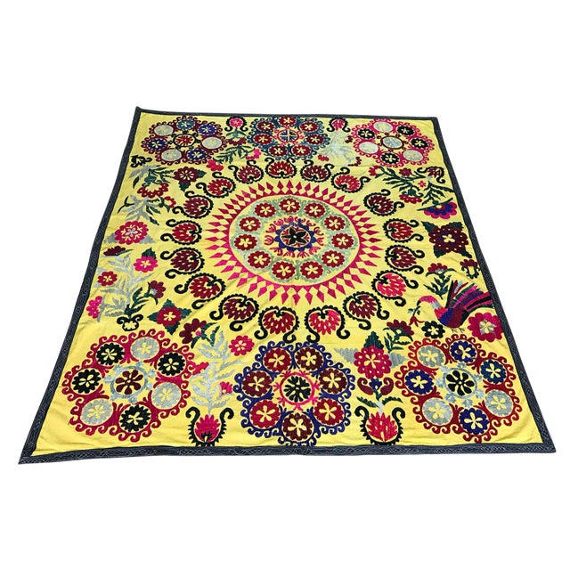 Vintage Yellow Bird Pattern Suzani For Sale