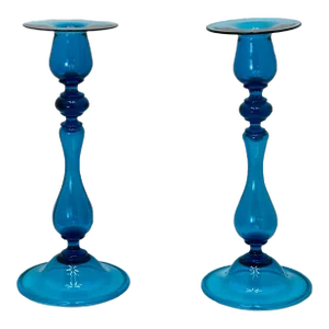 Stunning Blue Early 1900s Antique Venetian - Italian Delicately Hand Blown Art Glass Candlesticks - a Pair