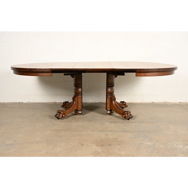 Brown R. J. Horner Style Antique Victorian Carved Oak Split Pedestal Extension Dining Table With Lion Paw Feet | Newly Refinished For Sale - Image 8 of 14