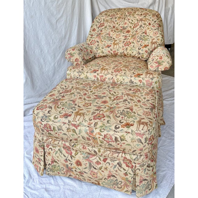 Traditional Vintage Ethan Allen Tapestry Club Chair and Matching Ottoman For Sale - Image 3 of 12