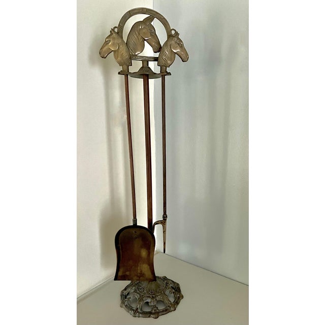 Solid Brass Fireplace Tools with Horse Head Handles & Stand - Set of 3 For Sale - Image 10 of 12