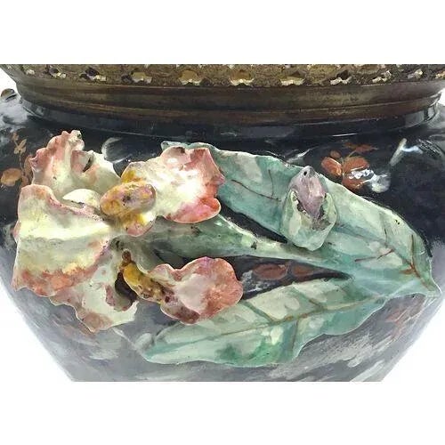 Coffee Large Antique Barbotine Majolica Jardiniere For Sale - Image 8 of 13