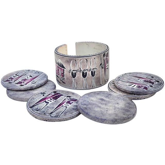 Tribal Vintage Handmade West-African Patterned Soapstone Coasters & Holder- 7 Pieces For Sale - Image 3 of 4