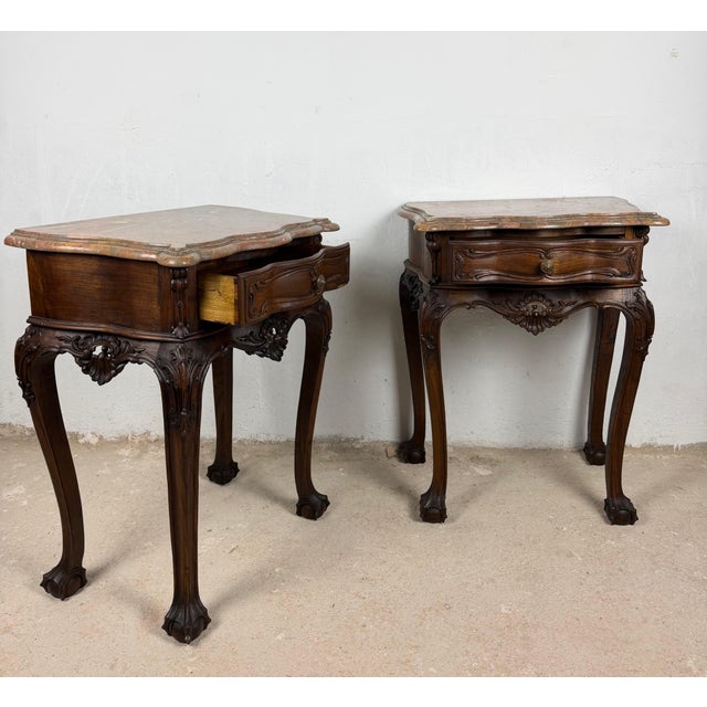 Brown Pair of French Louis XV Style Nightstands with Marble Tops For Sale - Image 8 of 15
