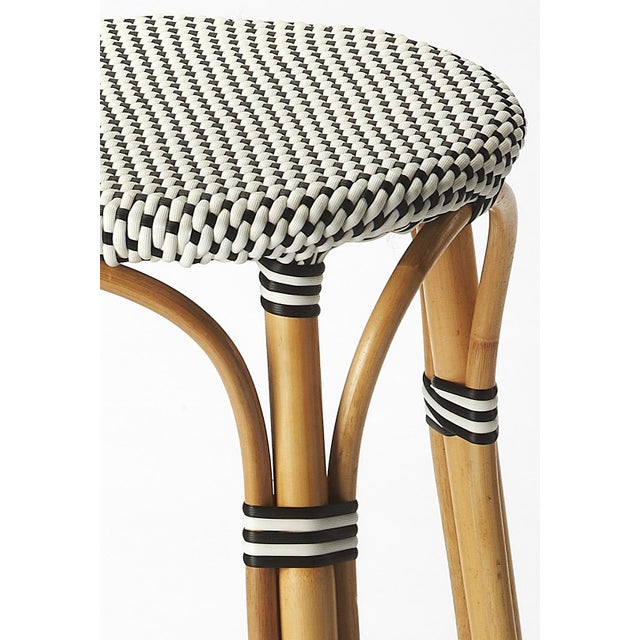 Spritely Home Accent Furniture Tobias 24 in. Seat Height Round Rattan Backless Counter Stool, White/Black Dot/ Natural Rattan Frame For Sale - Image 4 of 5