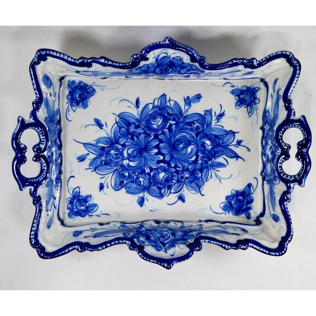 Mid 20th Century Mid 20th Century Vestal Alcobaca Portugal Blue and White Floral Handled Ceramic Serving Tray For Sale - Image 5 of 16