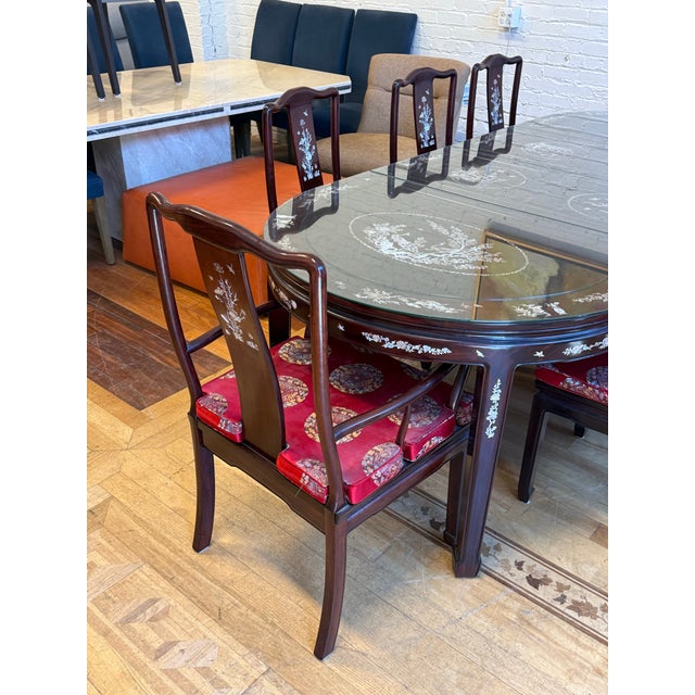 Asian Vintage Qing Style Rosewood Dining Table + Chairs With Mother of Pearl Inlays, Set For Sale - Image 3 of 12