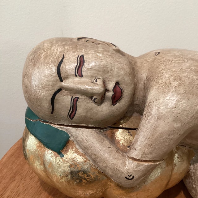 Wood Mid 20th Century Carved and Painted Asian Wood Carving of Sleeping Beauty For Sale - Image 7 of 13