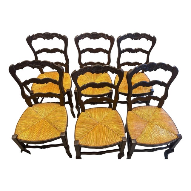 Vintage French Country Carved Walnut-Tone Rush Seat Dining Chairs – Set of 6 For Sale