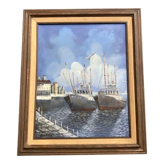 1960’s Mid Century Sailboats in Harbor Impressionist Painting Original Mid Century Frame Signed For Sale