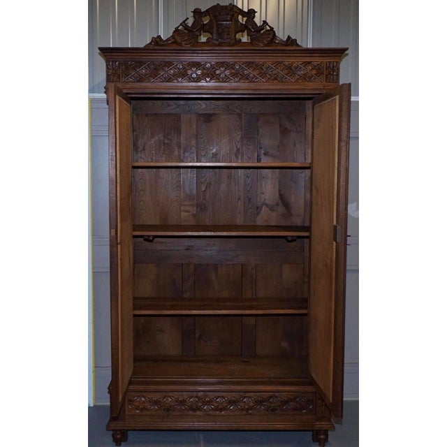 Antique French Carved Oak Breton Mirrored Armoire Linen Press For Sale - Image 4 of 5