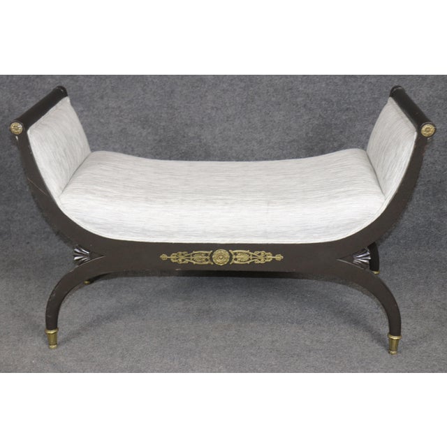 French Pair French Empire Style Ebonized & Brass Mounted Upholstered Benches For Sale - Image 3 of 10