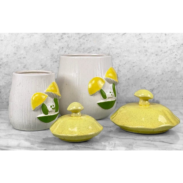 Mid-Century Modern Mid-Century Porcelain Yellow Mushroom Kitchen Canisters - a Pair For Sale - Image 3 of 9