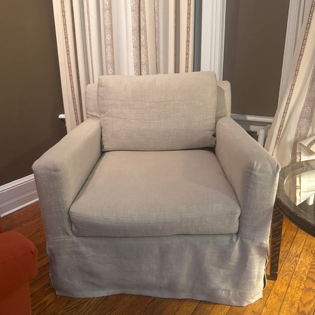 Pair Restoration Hardware Belgian Slipcovered Square Arm Lounge Chairs Linen Skirted For Sale In New York - Image 6 of 9