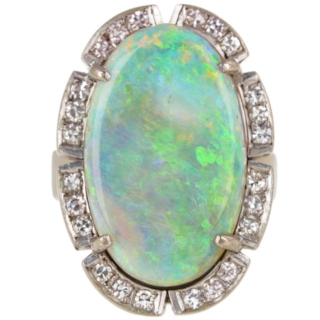 18k White Gold Australian Opal & Diamond Statement Cocktail Ring Vintage For Sale - Image 9 of 9
